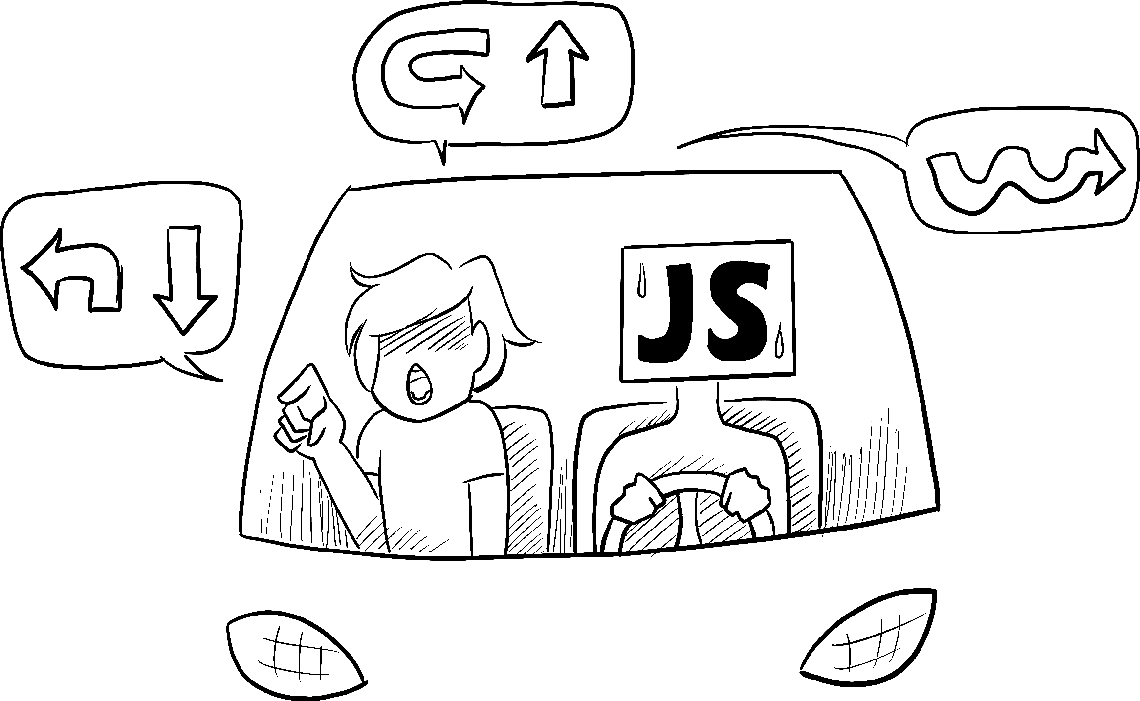 看起来很焦急的司机代表 JavaScript,乘客命令司机执行一系列复杂的转弯导航。